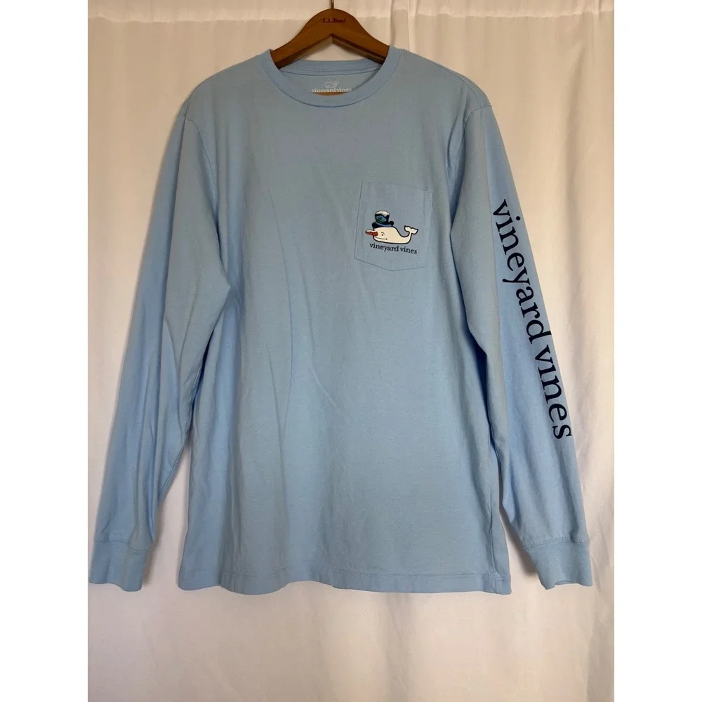 Vineyard Vines Mens Snowman Whale‎ Long Sleeve Pocket T-Shirt Blue M Holiday